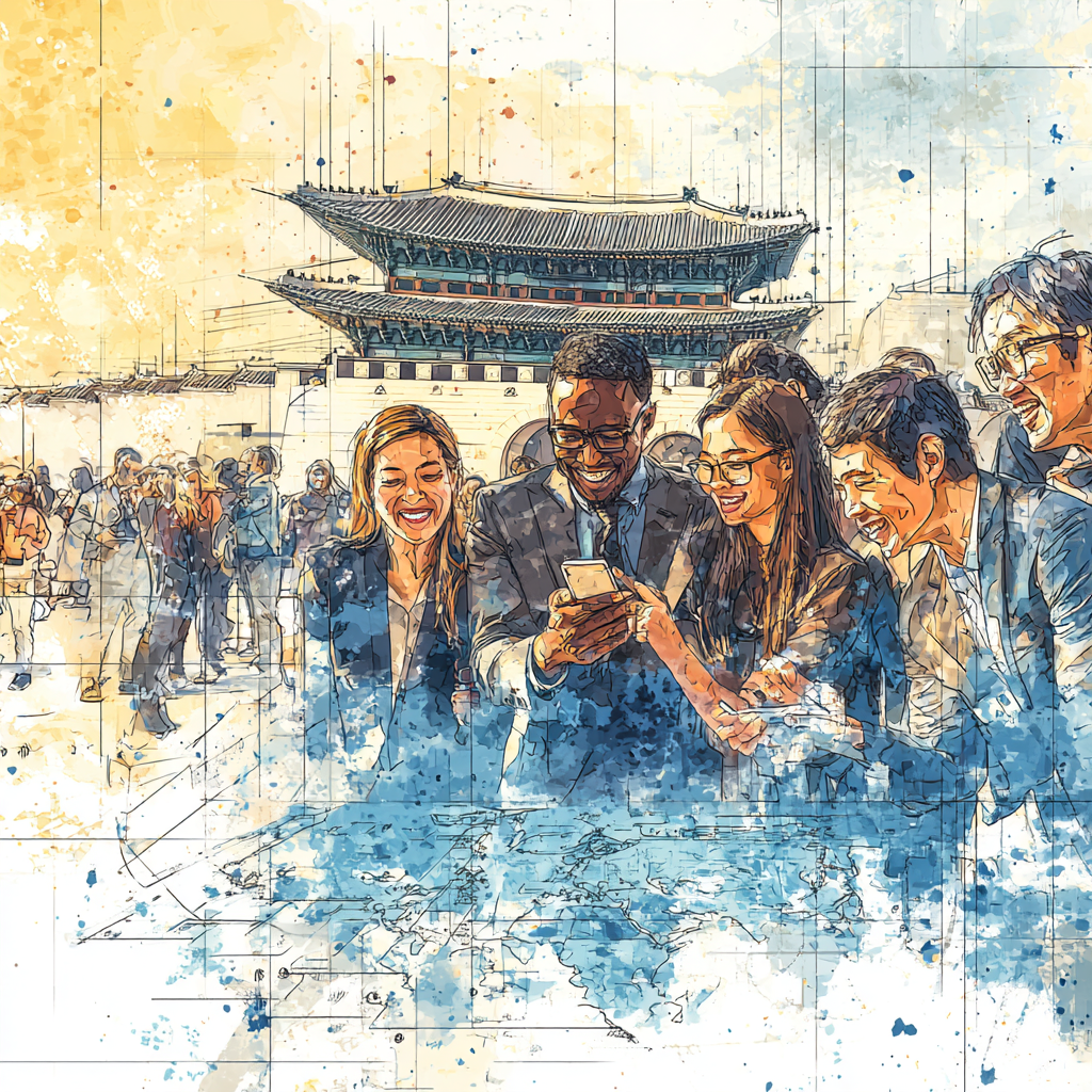 A young, curious traveler stands in the grand courtyard of a majestic Korean palace, like Gyeongbokgung in Seoul. They are looking down at their smartphone, which displays a vibrant, map-like quest interface with glowing icons. A gentle smile of discovery is on their face. The scene is captured during the golden hour, with warm sunlight casting long shadows and highlighting the intricate details of the traditional architecture. The overall mood is one of wonder, adventure, and the perfect blend of history and modern technology. Photorealistic style.